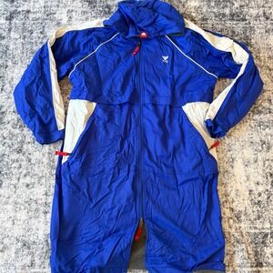 TYR Alliance Swim Parka Mens Large Blue White Fleece Lined Hooded Long Jacket